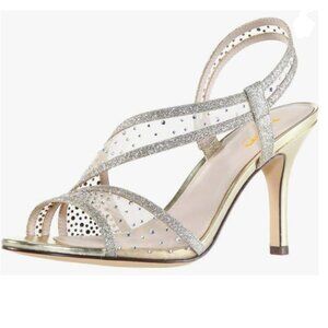 XYD Light Champagne Open Toe Crystal Studs Bridal High Heel Mesh Rhineston Pumps